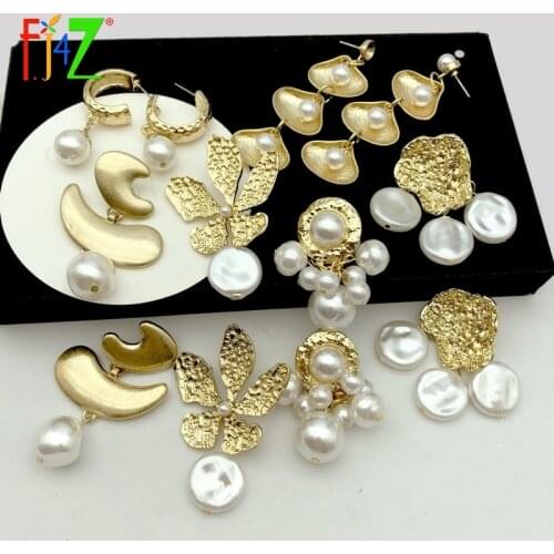 F.J4Z New Simulated Pearl Earrings Vintage Gold Metal Shell Flower Geometric Women Statement Earrings Jewelry Accessories