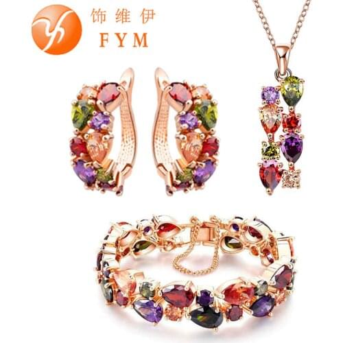 FYM fashion Mona Lisa Rose Gold Color Jewelry Sets for Women Colorful Crystal Necklace Earrings Bracelet Multicolor Jewelry Set