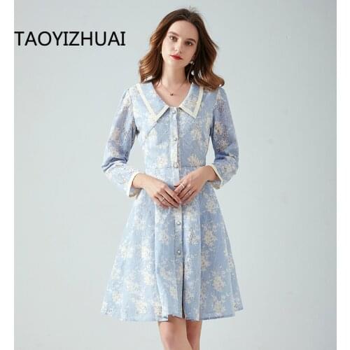 Doll collar floral dress for women Spring and Autumn new fashion slimming A- line high waist lace dress fairy rose dress