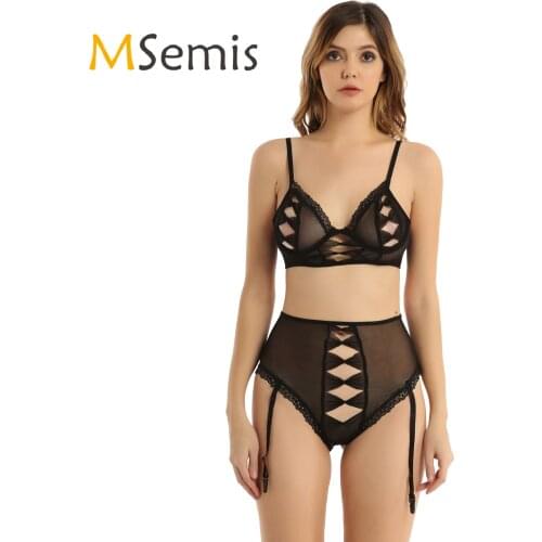 Womens Lingerie Unline Bra Garters Panties Set with Hollow Out Bowknot Lace Trimming See-through Mesh Erotic Sexy Underwear Set