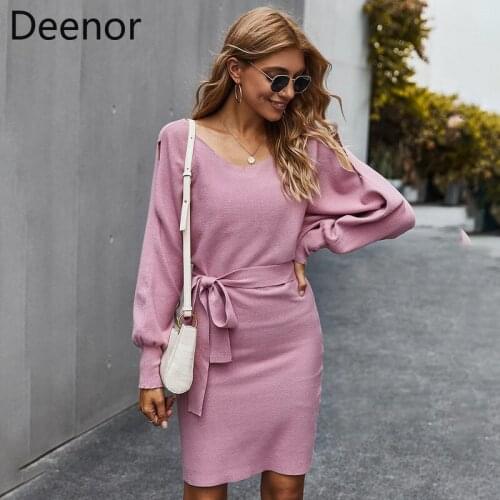 Deenor 2021 Spring Summer Women Dress Solid Long Sleeves Round Neck Sexy Bag Hip Waist Pleated Slim Wild Straight Mini Dresses