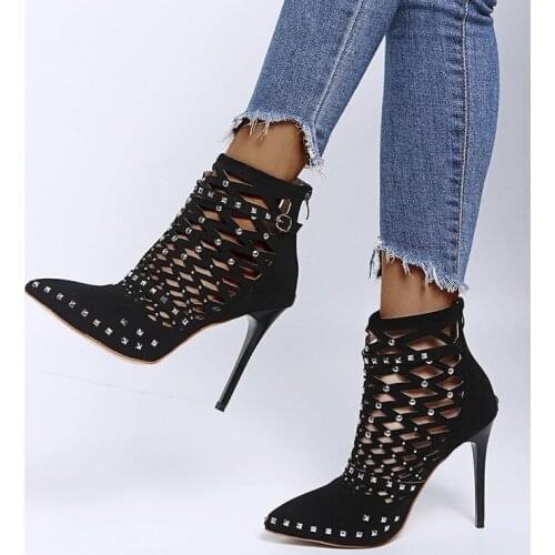 2020 Gladiator Sandals Summer Spring Pointed Toe Rivets Studded Cut Out Caged Ankle Boots Stiletto Heel Women Shoes