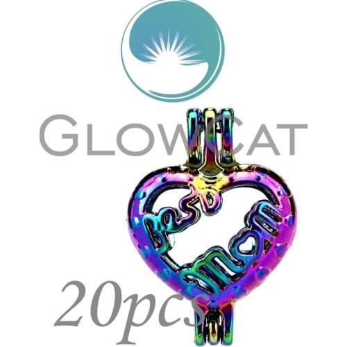 20x CC205 Rainbow Colors Best Mom Heart Stone Beads Cage Jewelry Making Essential Oil Diffuser Pearl Cage Locket Pendant