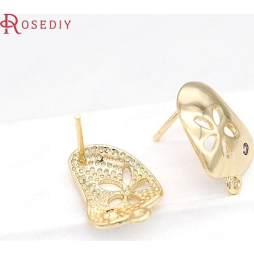 39477)4PCS 24K Gold Color Brass and Zircon Irregular Hollow Flower Stud Earrings Pins Earrings Jewelry Making Diy Accessories