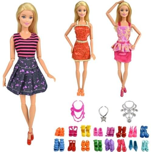 9 Item/Set Doll Accessories=3 Pcs Gorgeous Dress Clothes +3 Plastic Necklace +Random 3 Pairs Shoes for Doll Accessories Girl Toy