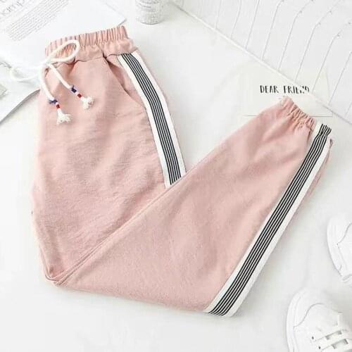 Sport Stripe Pants Women Long Pant Casual Elastic Drawstring Trousers Big Size Pockets Pant Student Fitness Fashion Clothes