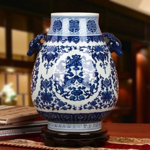Jingdezhen Ceramics vase Antique Hand-painted Blue And White Porcelain Eight Treasures Two Deer Head And A Vase Classical vase
