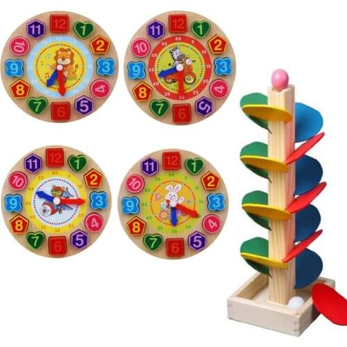 Kids Wooden Puzzle Toys Tangram Cognitive Digital Clock Digital Wood Watch Jigsaw Toys Education Cartoon Threading Assembly Toys