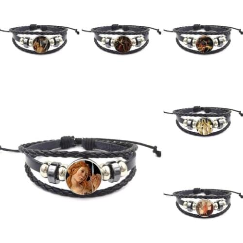 EJ Glaze Botticellis Three Graces For Women Kids Gift Harajuku Jewelry Glass Cabochon Black Leather Bracelet Bangle