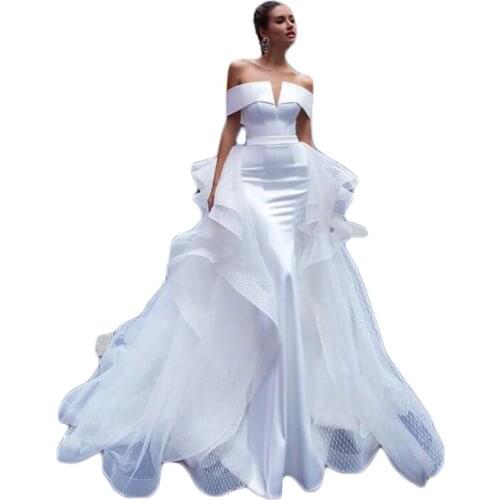 Elegant Lace Wedding Dresses 2021 With Detachable Train Off Shoulder Mermaid Bridal Gowns V Neck Satin Wedding Dress