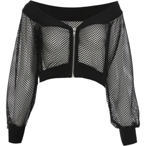 Fanco Gothic Sexy Short Women Blouse Black Mesh See-Through Slash Neck Hollow Off Shoulder Long Sleeve Club Street Goth