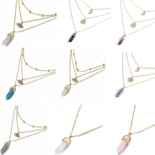 Hot Sale Hexagonal Column Quartz Necklaces Pendants Fashion Natural Stone Bullet Pink Crystal Pendant Necklace for Women Jewelry