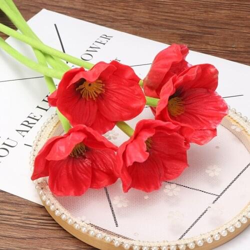 5pcs Red Artificial Poppy Flowers Bouquet PU Christmas Red Flower Branch 35CM For Home Wedding Bridal Bouquet Decor Plant
