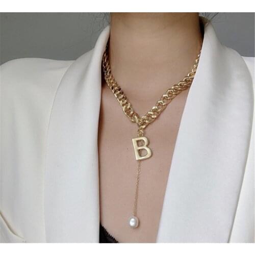 316L Stainless Steel Metal Letter B Tassel Pearl Pendant Personalized Thick Chain Necklace No Fade