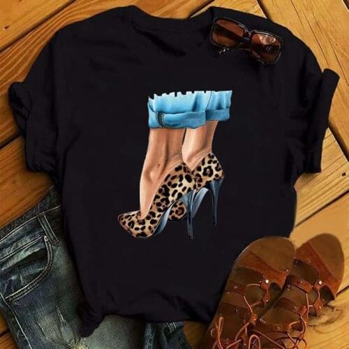 Fashion Women T-shirt Harajuku Cartoon High-heeled Shoes Printed T Shirt Female Summer Short-sleeved Casual Girls Clothing Shirt