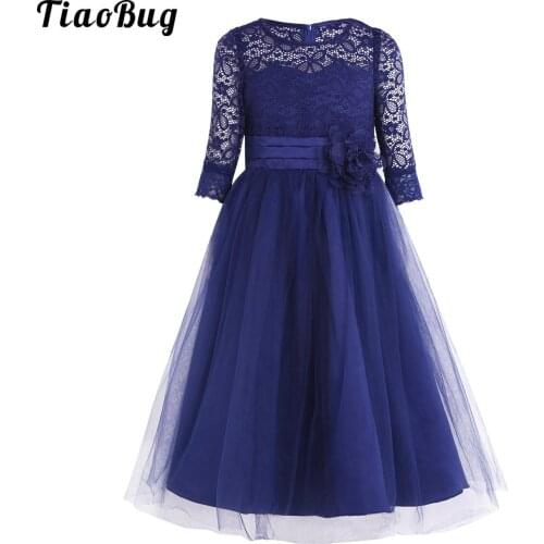 Fashion Summer Girls Lace Mesh Half Sleeves Flower Girl Dress Princess Pageant Wedding Bridesmaid Birthday Party Dress