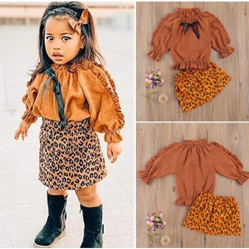 Baby Autumn Spring Clothes Outfits Set Ruffle High-Neck Long Sleeves Elastic Tops Leopard Print Skirt Girls Clothes