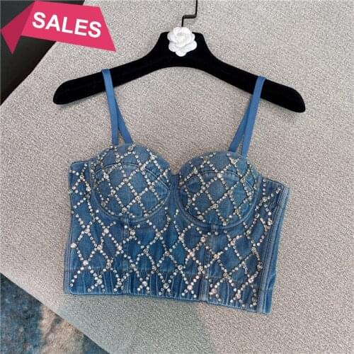 Autumn and winter new European style slim three dimensional cup water drill short denim suspender vest