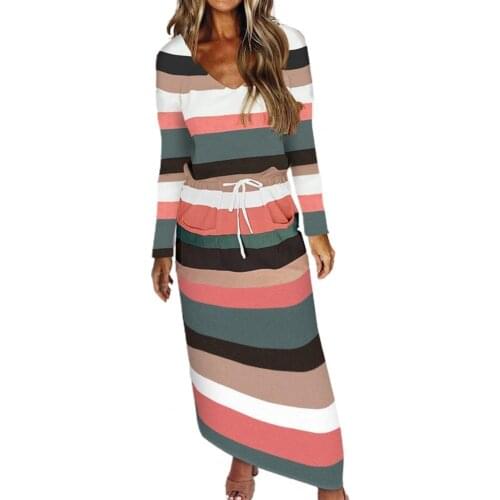Women Dress Summer Autumn Stripe Style Printing Colorful Women Fashion Striped Drawstring Dress Female Striped Dress Female