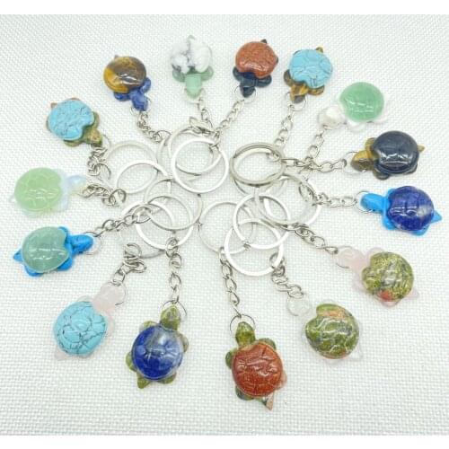 Natural Gem stone Turquoise Quartz crystal Opal tiger eye Carved tortoise Keychain pendant for Jewelry making Key Accessories