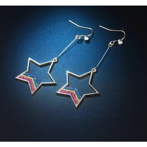 Romantic Sweet Rainbow Colors Star Drop Earrings Simple Elegant Hollow Five Star Heart Ears Jewelry Fashion Party Accessories