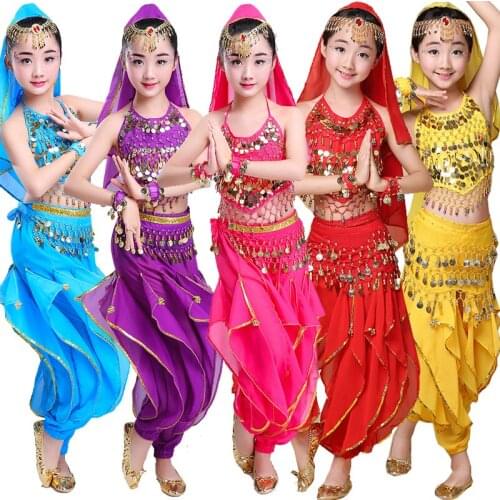 Sexy Children Costume Belly Dance Sale Kids Performance Dancing Suit Red Blue Purple Rose Tops+Pants 2 Piece Set For Kids