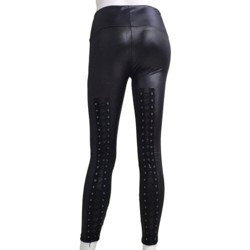 Spring And Summer Womens Leggings Party Sexy Matt Faux Leather High Waist Back Lace Tight Pants