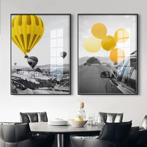 Nordic Yellow hot-air balloon car Wall Art Canvas Poster and Print Black White landscape Canvas for Living Room Morden Decor