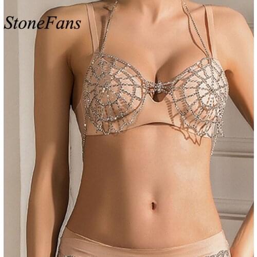 Stonefans Mesh Rhinestone Body Chain Bra Harness Women Underwear Chain Wholesale Crystal Lingerie Chain Bikini Swimsuit Jewelry