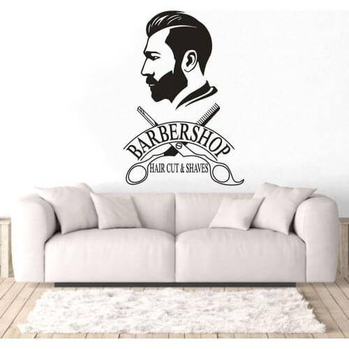 Men Shaves Window Poster Hair Cut Stickers Hair Scissors Design Wall Sticker Barbershop Logo Vinyl Wall Decal Home Decor