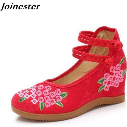 Floral Embroidered Women Canvas Wedge Pumps Ladies Ethnic Mary Jane Dress Shoes Mid-Heel Vintage Casual Espadrilles for Female