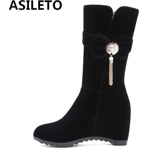 ASILETO Womens mid calf boots Wedges Bowtie Flock Increased Zipper Female mujer Pearl Tassel Round toe Boats for women S2401