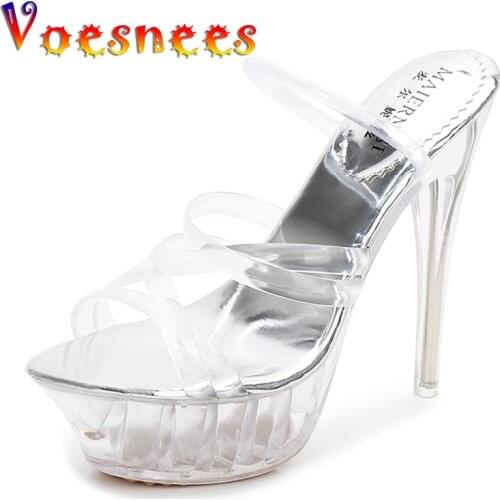 Voesnees Women Shoes High Heel 14CM Cross-tied Slippers Platform Fashion Transparen Crystal Slipper 2020 Summer Female Shoes