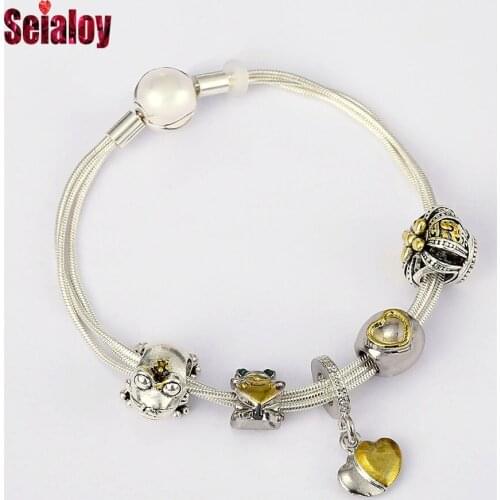 Seialoy New Multi Snake Chain Bracelets For Women Original Duotone Heart Charm Frog Crown Beads Bracelet & Bangle Jewelry Gift