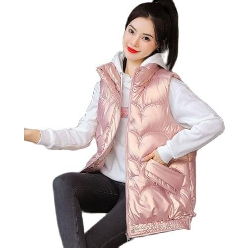 2021 Winter Parkas Women Fashion Cotton Sleeveless Woman Vest Solid Color Metallic Shiny Stand-up Collar Large Size Womens Vest