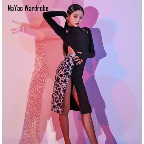 2020 New L9687 Leopard Patchwork Long Sleeve Latin Dance Dress Women Performance Costume Latin Ballroom Dresses Latino Dancewear