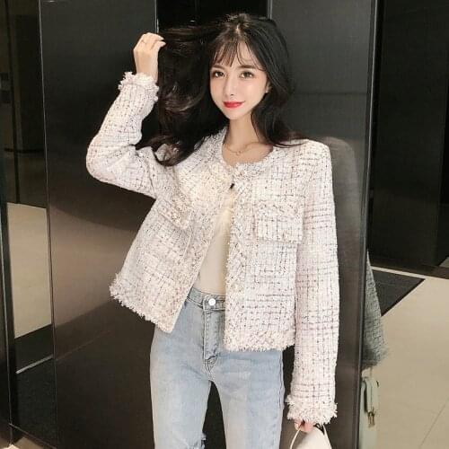 2021 New Tweed Winter Coat Women O-neck Single-breasted Tassel Slim Plaid Short Jackets for Women Outwear Long Sleeve Jacket
