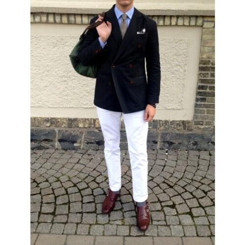 ANNIEBRITNEY Double Breasted Black 2 Piece Slim Men Suit With White Pants Groom Wedding Tuxedo Prom Wedding Business Men Suit