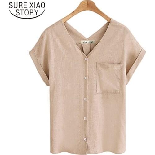 2021 Simple Style Plus Size 5XL Casual shirts Summer New V-neck Solid Color Cotton blouse Women Summer Tops lady 9473
