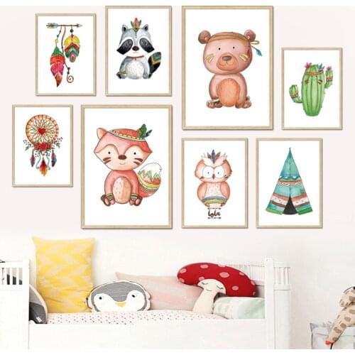 Indian Bear Koala Owl Fox Tent Cactus Baby Wall Art Canvas Painting Nordic Nursery Posters Prints Wall Pictures Kids Room Decor