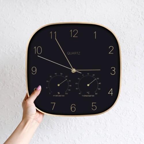 Black Unique Wall Clock Creative Nordic Metal Frame Living Room Creative Wall Watch Mute Temperature Hygrometer Home Decor W6C