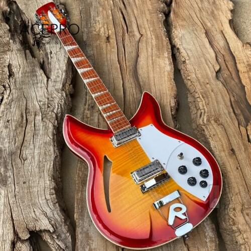 12 Strings Cherry Sunburst Color 381 Electric Guitar, Body top & back with Flame Maple, R shape Tailpiece, 12 String Guitarra