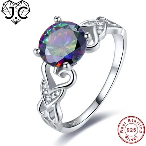 J.C Round Sparkling Rainbow Pink White Topaz Real 925 Sterling Silver Ring Size 6 7 8 9 Unisex Delicate Engagement Fine Jewelry