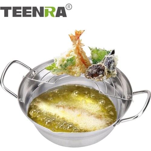 TEENRA Silver Tempura Fryer Pot Japanese Style Potable Frying Pots With Drainer Basket Household Cookware Kitchen Utensils