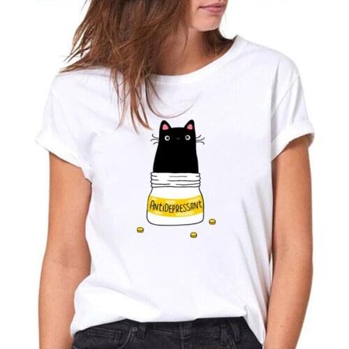 Summer Short Sleeve Casual T-shirt Harajuku Shirt Tee Shirt Femme Fur Antidepressant Cat Print T Shirt Women Tops Camiseta Mujer
