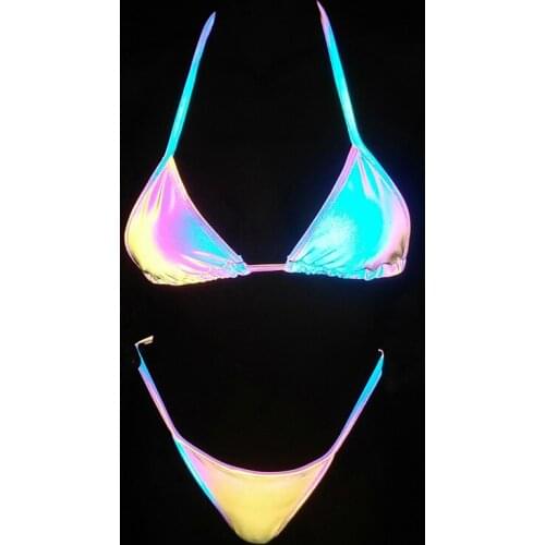 Hot Sale Women Reflective Bikini Colorful Swimsuit Sexy Bra+Low Waist Shorts Beach Bathing Suit Swimwear Clothing Reflect Light