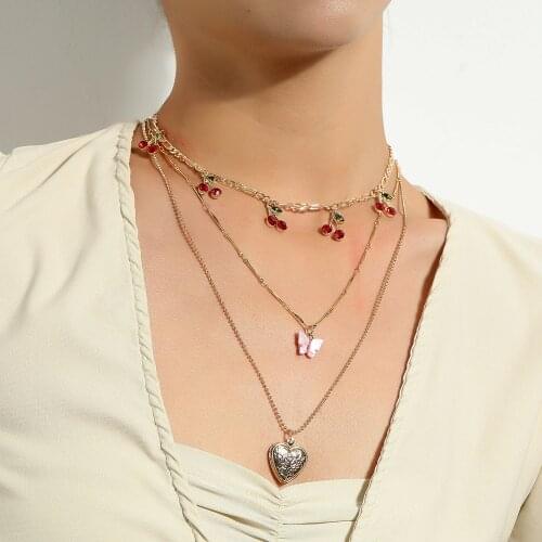 Fashionable red cherry open lid peach heart necklace, multi-layer pink butterfly pendant necklace