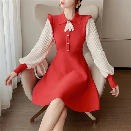 Fashion Womens Dress 2020 Fall Winter French Retro Sweet Doll Neck Bow Knit Dress Mid-length Sweater Dress