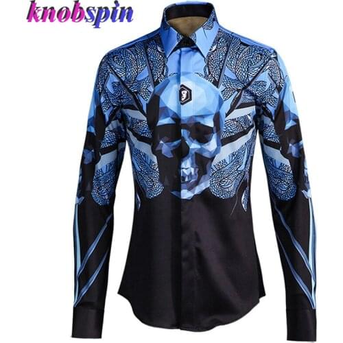 Classic Skull Printed Shirt men 2019 Turn-down collar Long sleeve Slim Chemise homme high quality Business male Dress Shirts 4XL