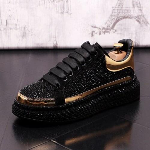 2021High Quality New Mens Charm Black Rhinestone Flat Lace-Up Platform Shoes Luxury Designer Crystal Punk Rock Loafers Sneakers